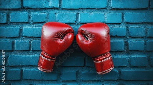 Two red boxing gloves are hanging on a brick wall. The gloves are facing each other, as if they are about to fight. Scene is intense and competitive