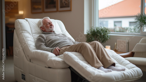Senior man relaxing on reclining chair in cozy living room, peaceful and comfortable home setting. Retirement lifestyle with rest, tranquility, and self-care in a bright indoor environment