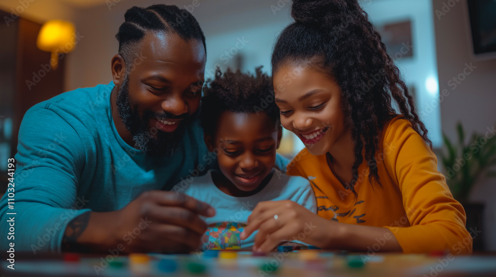 Loving African American family playing board game at night, bonding and enjoying quality time together at home. Smiling parents and child creating joyful memories with teamwork and fun Loving African American family playing board game at night, bonding and enjoying quality time together at home. Smiling parents and child creating joyful memories with teamwork and fun