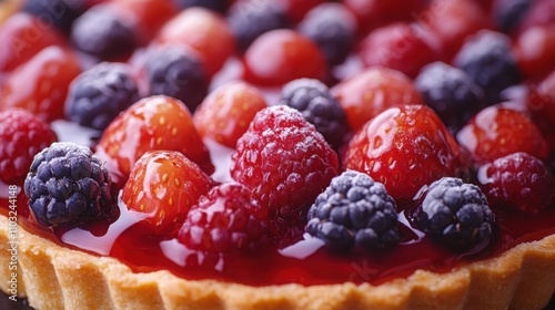 Close-up of a freshly made fruit tart with a variety of vibrant fruits on a crisp pastry base photo