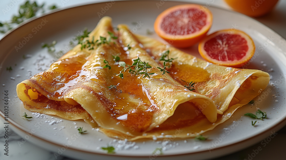 Delicious crepe suzette with orange slices and thyme on elegant plate Delicious crepe suzette with orange slices and thyme on elegant plate