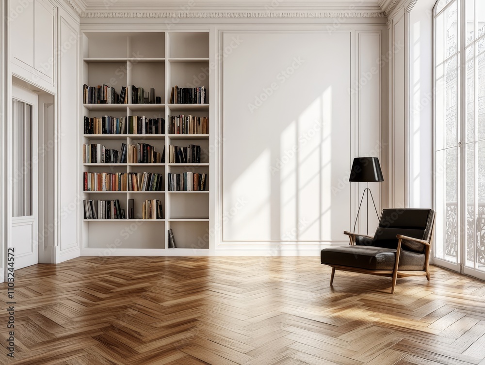 Fototapeta premium A spacious living room with a large bookshelf, a leather armchair, and a large window. The room is decorated in a modern style with a light color palette.