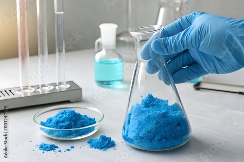 scientist hand with glove hold beaker of copper sulfate photo