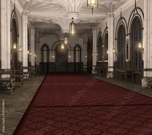 Gothic gallery interior 3d render. No AI used