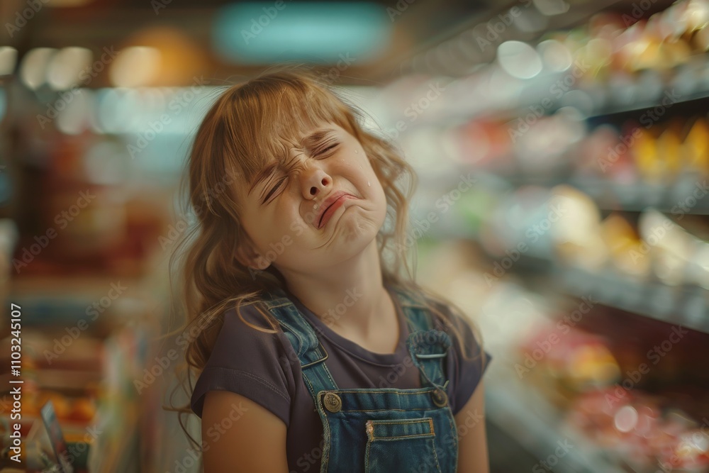 Hysterical girl in supermarket, upset child screams loudly, demands to buy, crying loudly, manipulating
