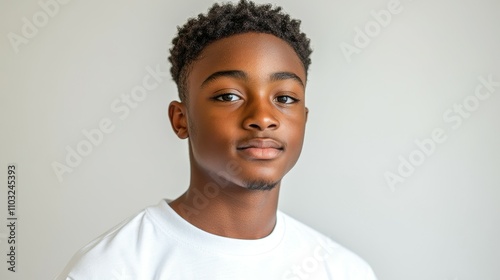 A young man with a shaved head and a white shirt. He is looking at the camera. Concept of confidence and self-assurance