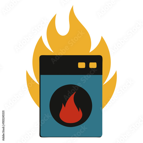cartoon tumble dryer on fire in flames burning hazard danger