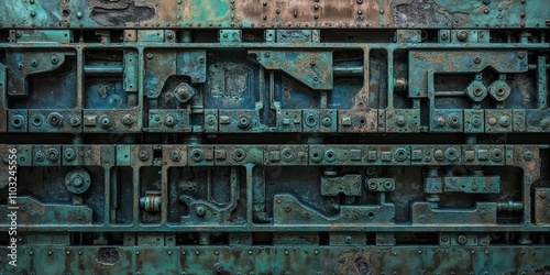 Industrial Metal Wall Art with Teal and Rust Machine Parts