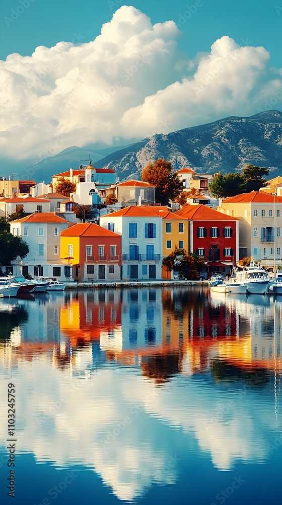 Obraz premium Vibrant Harbor Town, Colorful Buildings Reflect in Calm Waters Under a Dramatic Sky