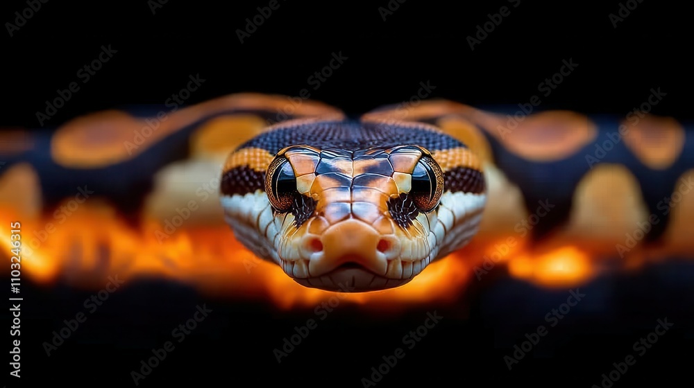 Fototapeta premium A close up of a snake's head with a black background. The snake is a python. The snake's head is surrounded by a bright orange glow, which gives the image a warm and inviting feeling