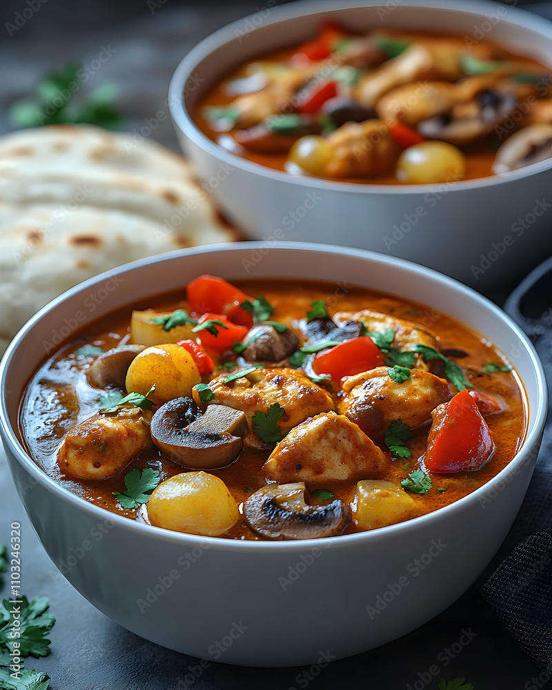 Creamy chicken curry in bowl with naan bread. Creamy chicken curry in bowl with naan bread.