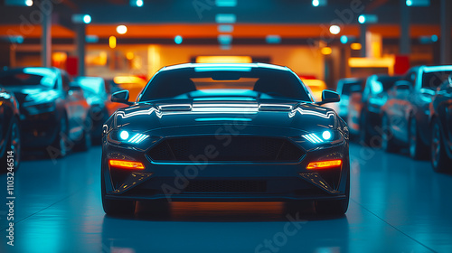 Black sports car, front view with headlights and modern design in illuminated showroom. Automotive luxury, speed and performance for technology, style and high-end market or dealership