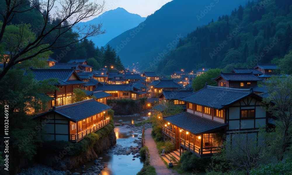 Fototapeta premium Mountain Village at Dusk: Illuminated Houses, River