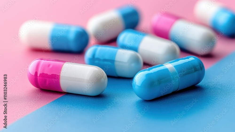 A row of blue and white pills are on a pink and blue background. The pills are in different sizes and are arranged in a neat row. The colors of the pills and the background create a sense of calm A row of blue and white pills are on a pink and blue background. The pills are in different sizes and are arranged in a neat row. The colors of the pills and the background create a sense of calm