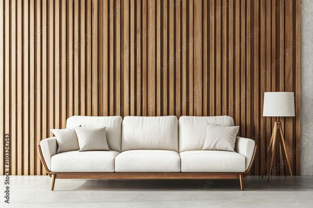 White sofa with wooden frame and pillows in front of wood panel wall with floor lamp. White sofa with wooden frame and pillows in front of wood panel wall with floor lamp.
