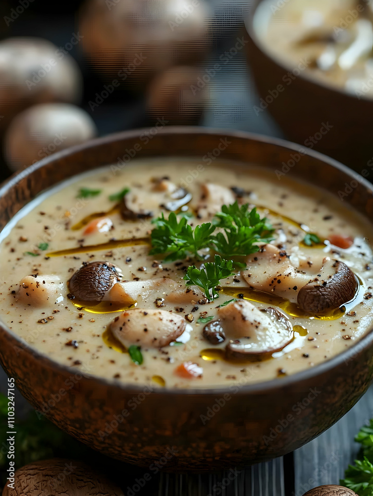 Creamy mushroom soup in a rustic bowl, garnished with parsley and pepper. Creamy mushroom soup in a rustic bowl, garnished with parsley and pepper.