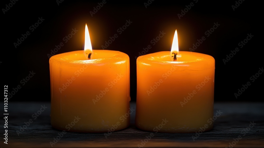 Two candles are lit and placed on a wooden table. The candles are yellow and the table is dark Two candles are lit and placed on a wooden table. The candles are yellow and the table is dark