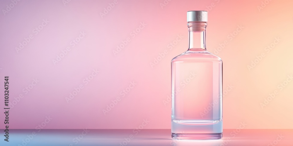 Premium minimalistic vodka bottle with a sleek silver cap, elegantly glowing in soft light. Premium minimalistic vodka bottle with a sleek silver cap, elegantly glowing in soft light.