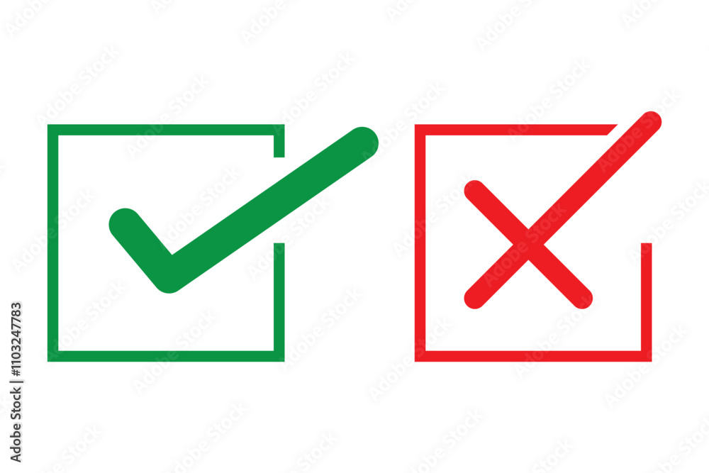 Green check mark and red cross icon.Set of simple icons in flat style: Yes-No, Approved-Disapproved, Accepted-Rejected, Right-Wrong, Correct-False, Green-Red, Ok-Not Ok. Vector illustration Green check mark and red cross icon.Set of simple icons in flat style: Yes-No, Approved-Disapproved, Accepted-Rejected, Right-Wrong, Correct-False, Green-Red, Ok-Not Ok. Vector illustration