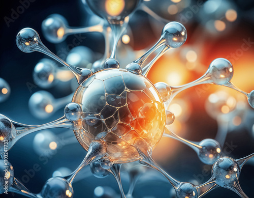 Molécule complexe vue au microscope, futuriste, étrange, magnifique, biologie, physique quantique 
