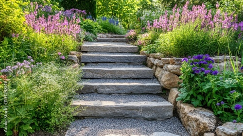 Stone stairs winding through a lush garden path under bright sunlight on a clear day photo