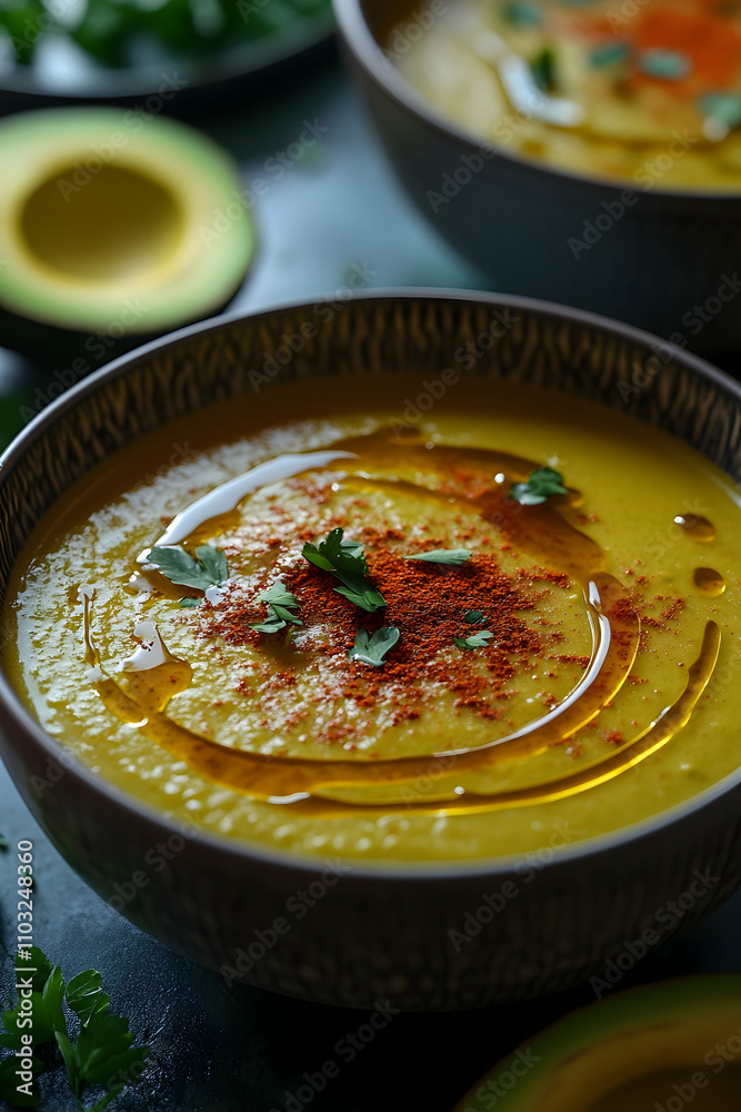 Creamy yellow soup in bowl, garnished with oil, paprika, and parsley. Creamy yellow soup in bowl, garnished with oil, paprika, and parsley.