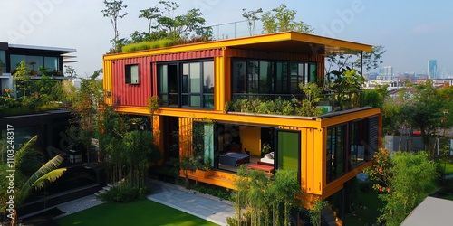 Eco-friendly urban home crafted from stacked shipping containers, lush greenery, rooftop garden, sleek design, vibrant colors, sustainable living concept.