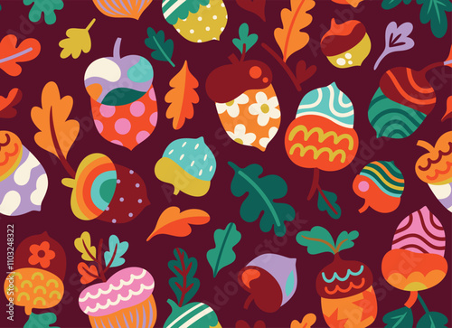 Pattern design. Forest treasures in decorative style on dark brown