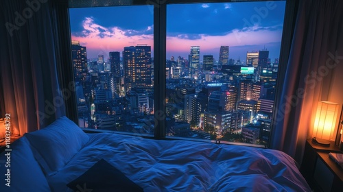 Stunning night view of a vibrant city skyline from a cozy bedroom window