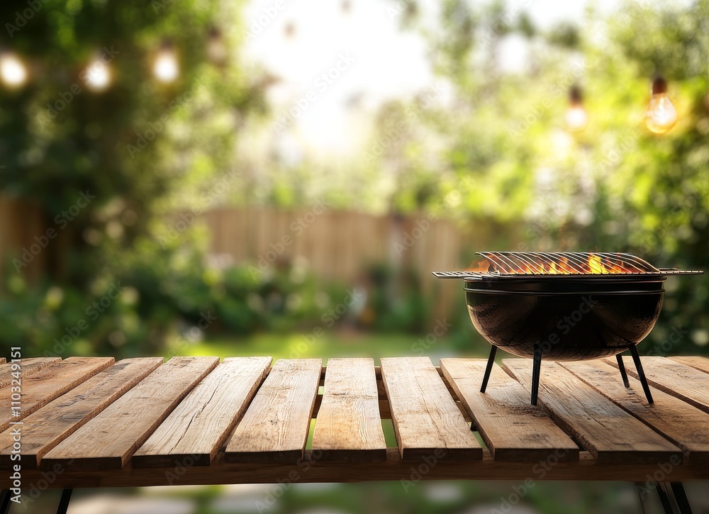 A small charcoal grill sits on a wooden table in a backyard with a blurred background of greenery and string lights. A small charcoal grill sits on a wooden table in a backyard with a blurred background of greenery and string lights.