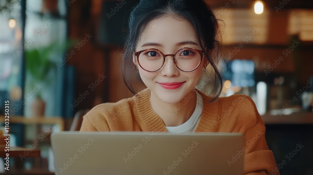Pretty cheerful Asian woman in eyeglasses and casual clothes browses laptop computer connected to 4g internet updates software uses modern technologies poses in cafeteria looks gladfully away Pretty cheerful Asian woman in eyeglasses and casual clothes browses laptop computer connected to 4g internet updates software uses modern technologies poses in cafeteria looks gladfully away
