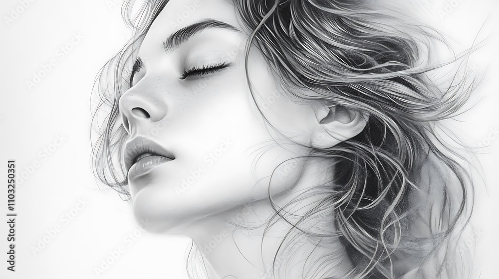 A lifelike pencil portrait of a young woman, showcasing soft shading techniques and intricate details in the hair and facial features. A lifelike pencil portrait of a young woman, showcasing soft shading techniques and intricate details in the hair and facial features.