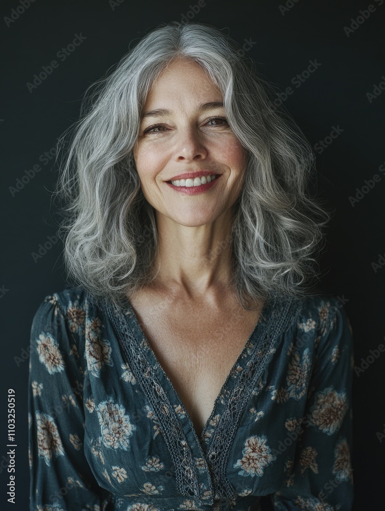 Woman with grey hair in floral dress Woman with grey hair in floral dress