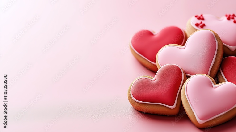 Valentine's Day background with pink and red heart-shaped cookies on the right side, on a solid pink background. Valentine's Day background with pink and red heart-shaped cookies on the right side, on a solid pink background.