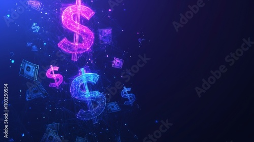Glowing wireframe representations of dollar signs, percentages, and credit cards with neon highlights on a dark blue background.