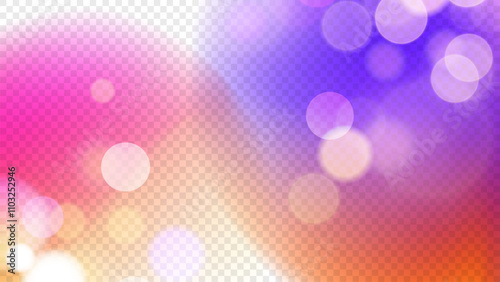 Vibrant bokeh lights. Transparent background. Bright blurred overlay template. Abstract blur light effect. Vector illustration.