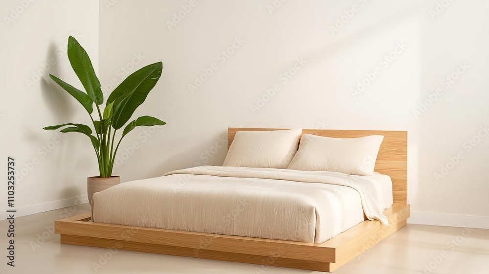 japandi interior minimalism elements concept. A minimalist bedroom featuring a wooden bed frame, soft bedding, and a potted plant, creating a serene and inviting atmosphere. japandi interior minimalism elements concept. A minimalist bedroom featuring a wooden bed frame, soft bedding, and a potted plant, creating a serene and inviting atmosphere.