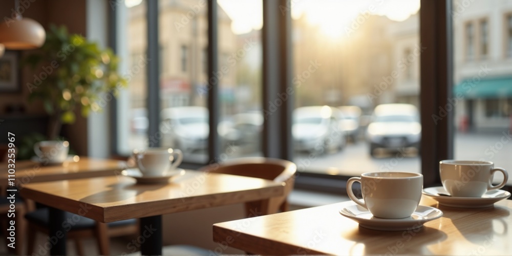 Morning sunlight streams through the Cafe windows, and coffee cups are on the table Morning sunlight streams through the Cafe windows, and coffee cups are on the table