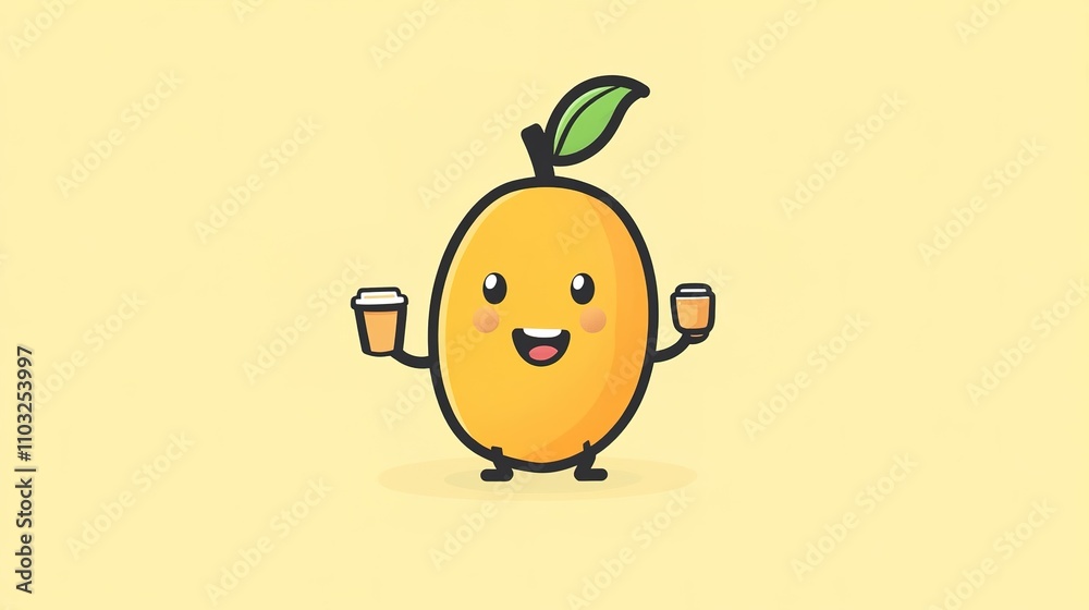 A fun and lively mascot logo featuring a cheerful mango character holding a coffee cup, designed with bold lines and bright colors. The logo emphasizes a playful and refreshing vibe, combining the swe A fun and lively mascot logo featuring a cheerful mango character holding a coffee cup, designed with bold lines and bright colors. The logo emphasizes a playful and refreshing vibe, combining the swe
