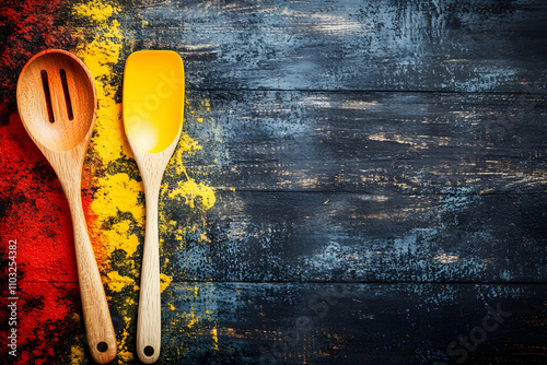 Fototapeta Naklejka Na Ścianę i Meble -  Wooden Spoons and Spatula on Colorful Spilled Spices Background