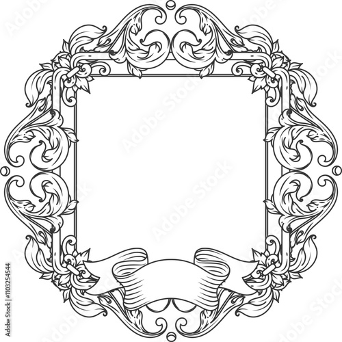 A frame with a ribbon and leaves on it