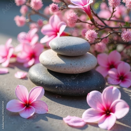 Stacked Stones and Pink Flowers