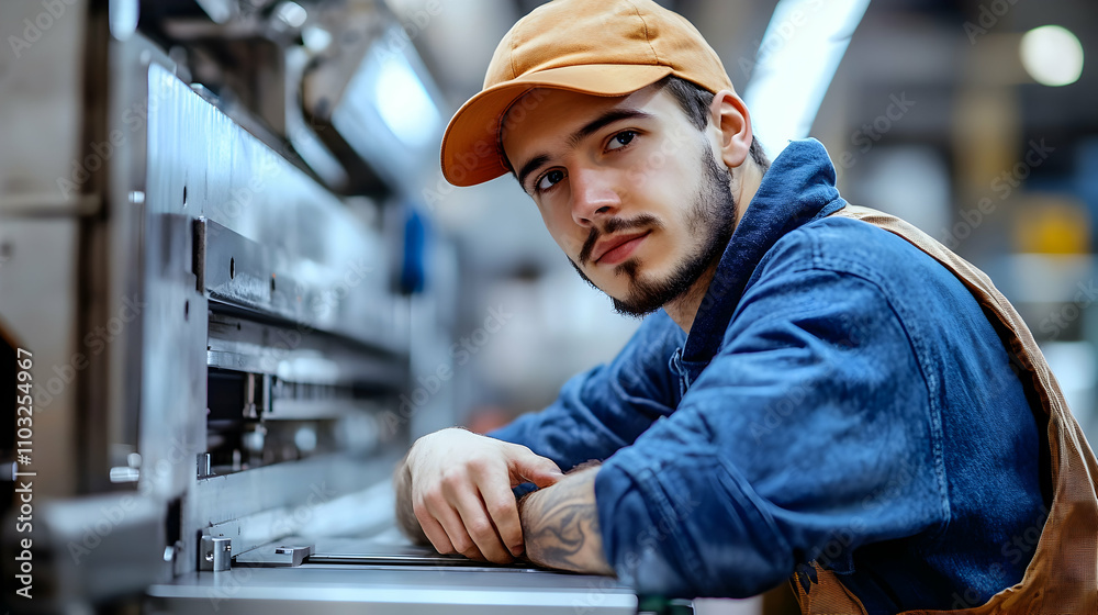 Factory Worker Leaning on Industrial Machine, A Portrait of a Skilled Laborer in a Manufacturing Setting Factory Worker Leaning on Industrial Machine, A Portrait of a Skilled Laborer in a Manufacturing Setting