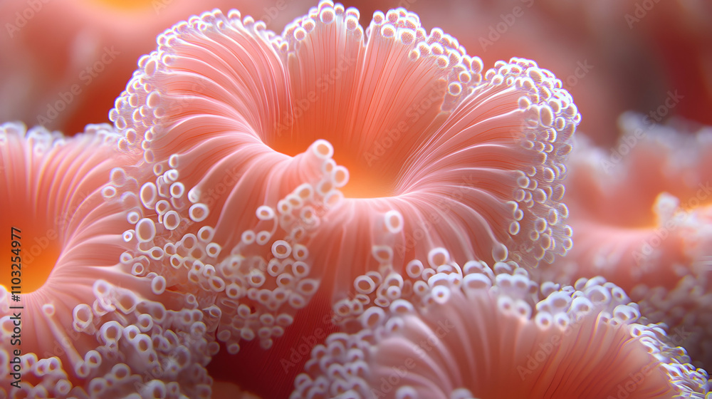 Pink Coral Polyp, Intricate Sea Anemone Texture, Close-Up View of Delicate Coral Structure, Detailed Macro Photography of Aquatic Life, Vibrant Ocean Flora Pink Coral Polyp, Intricate Sea Anemone Texture, Close-Up View of Delicate Coral Structure, Detailed Macro Photography of Aquatic Life, Vibrant Ocean Flora