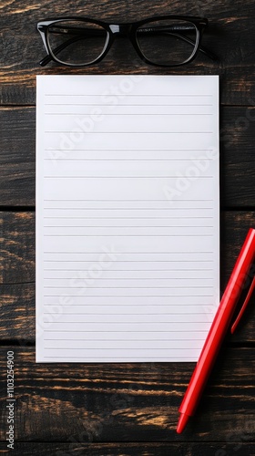 A clean, minimalist workspace layout featuring black-rimmed glasses, a lined notepad, and a bold red pen, all placed on a rustic dark wood surface. Ideal for themes of productivity and organization photo