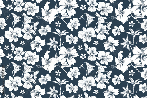 Hibiscus flower tropical seamless pattern. With orchid and lily floral abstract background. Vector illustration hand drawing. For Fabric, textiles, clothing, wallpaper, pattern print design.