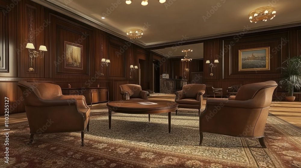 The room is furnished with several chairs and a coffee table The room is furnished with several chairs and a coffee table