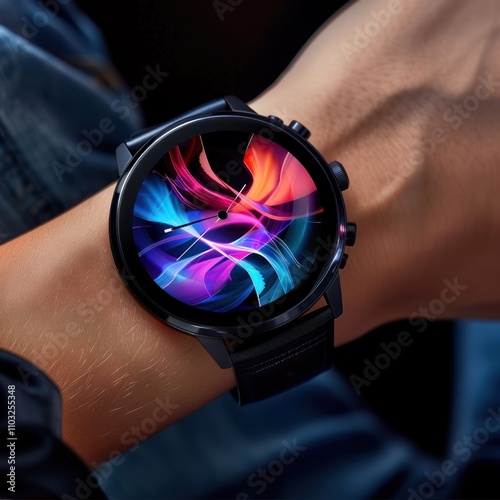 Fashion-conscious user customizing a smartwatch face to match their style, wrist adorned with digital and physical accessories, sleek background with contemporary design photo