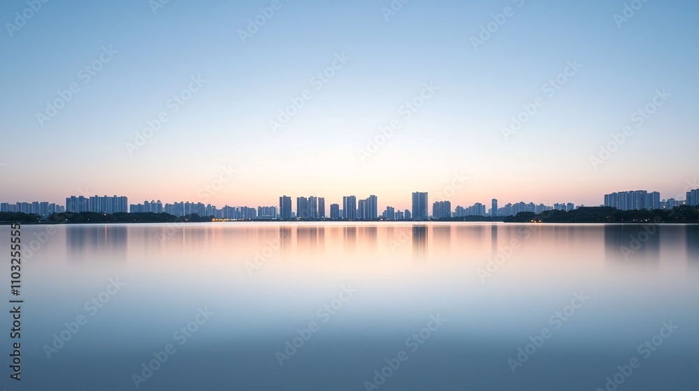A skyline reflected on a calm lake, representing harmony between urban development and wealth creation A skyline reflected on a calm lake, representing harmony between urban development and wealth creation