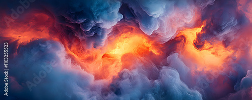 Abstract Colorful Nebula, Fiery Hues Blend in Celestial Swirl, Digital Painting of Cosmic Clouds